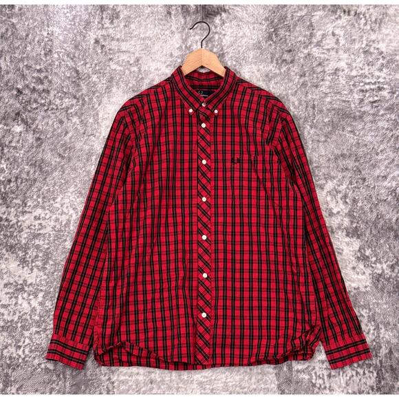 Fred Perry Shirt XL Mens Red Tartan Plaid Long Sleeve Button Down Woven - Picture 1 of 8